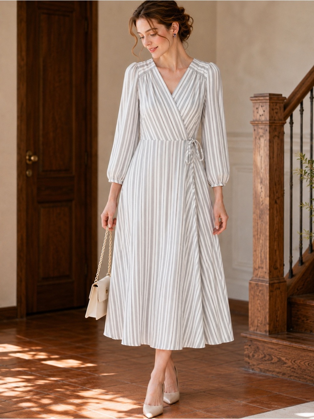 Calvin Klein Vertical-Stripe Wrap Midi Dress in Light Gray and White